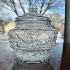 Vintage Anchor Hocking Rain Flower Clear Textured Glass Jar with Lid